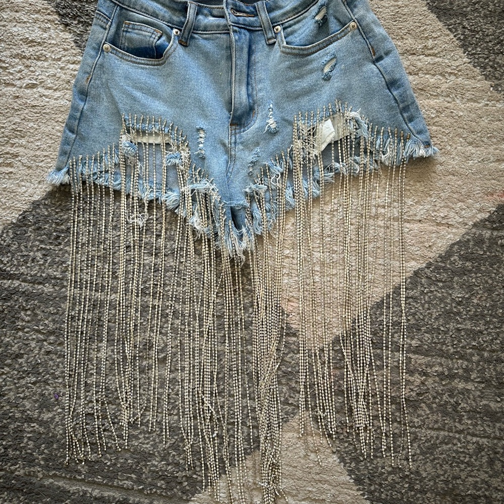 Distressed Denim Shorts with Chain Fringe